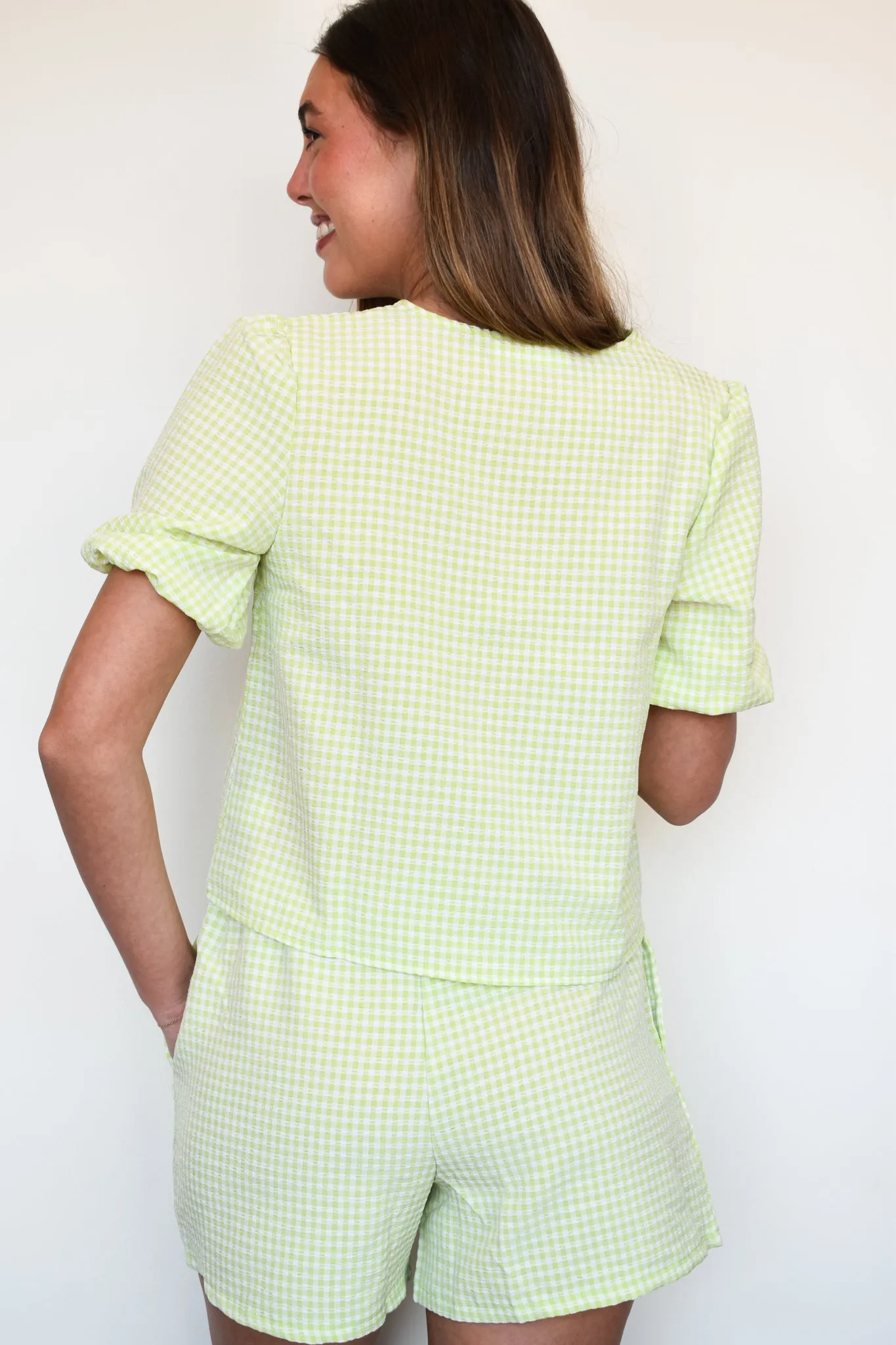 Rosie Gingham Tie Blouse- Lime
