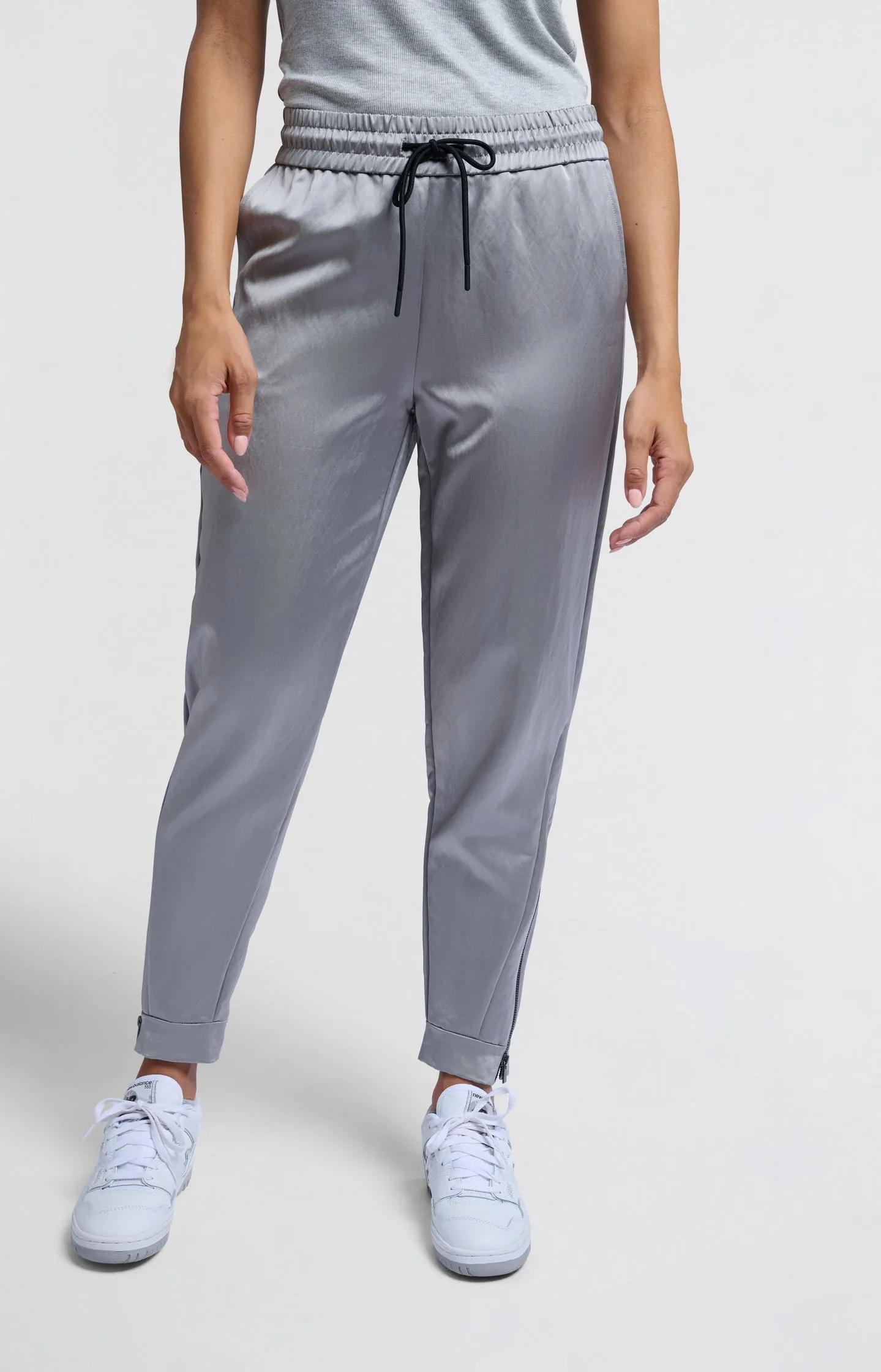 Satin joggers with zipper details and elastic waistband