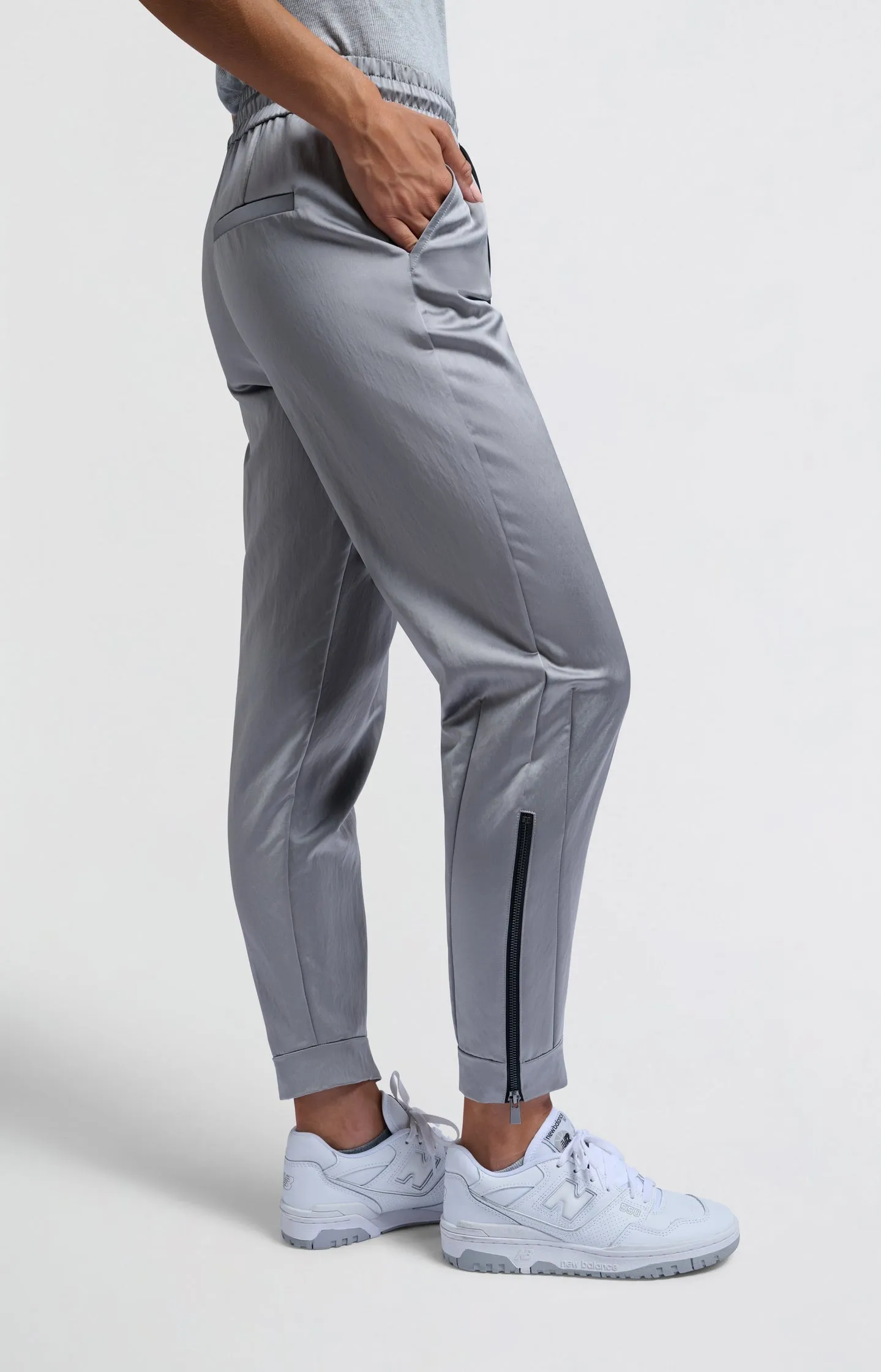 Satin joggers with zipper details and elastic waistband