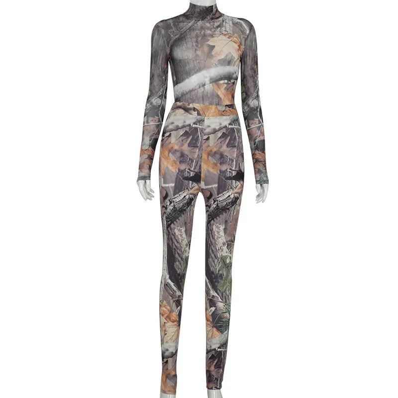 Sexy Leaf Print Long Sleeve Jumpsuit Trousers Set