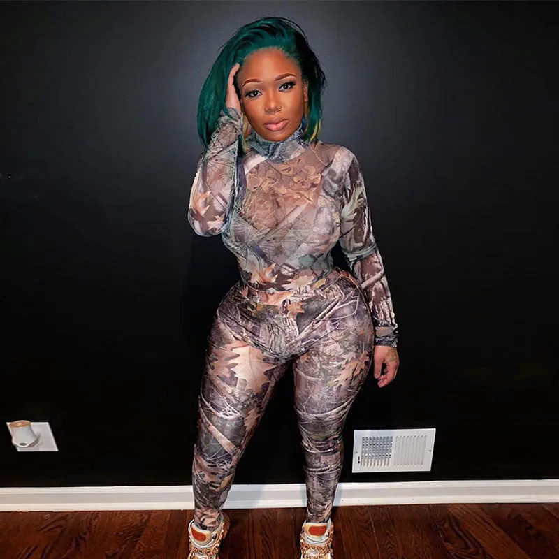 Sexy Leaf Print Long Sleeve Jumpsuit Trousers Set