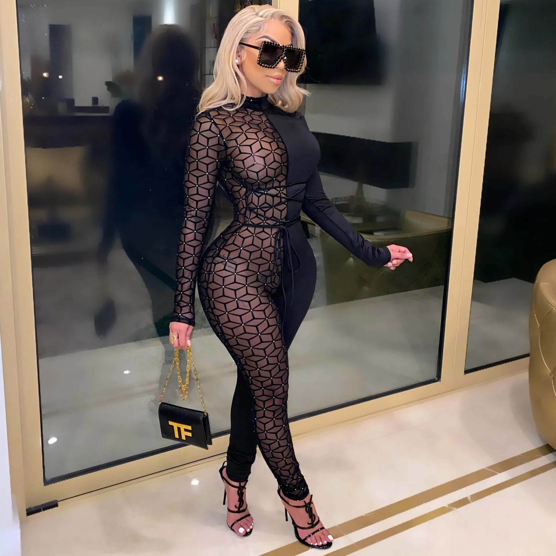Sexy Mesh Panel Jumpsuit AY1712