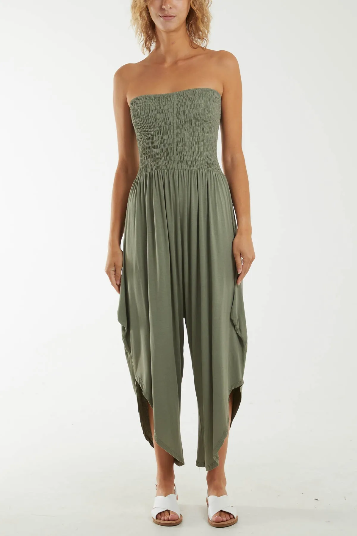 Shirred Top Asymmetric Hem Strapless Jumpsuit