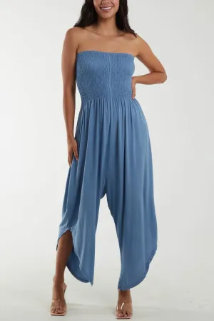 Shirred Top Asymmetric Hem Strapless Jumpsuit