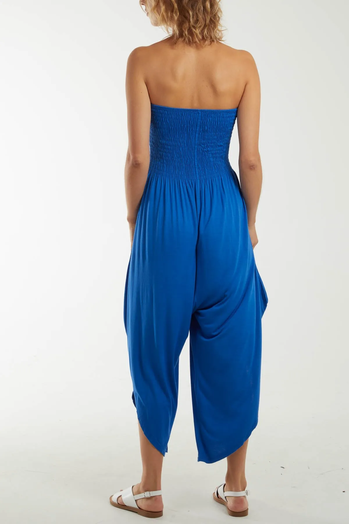 Shirred Top Asymmetric Hem Strapless Jumpsuit