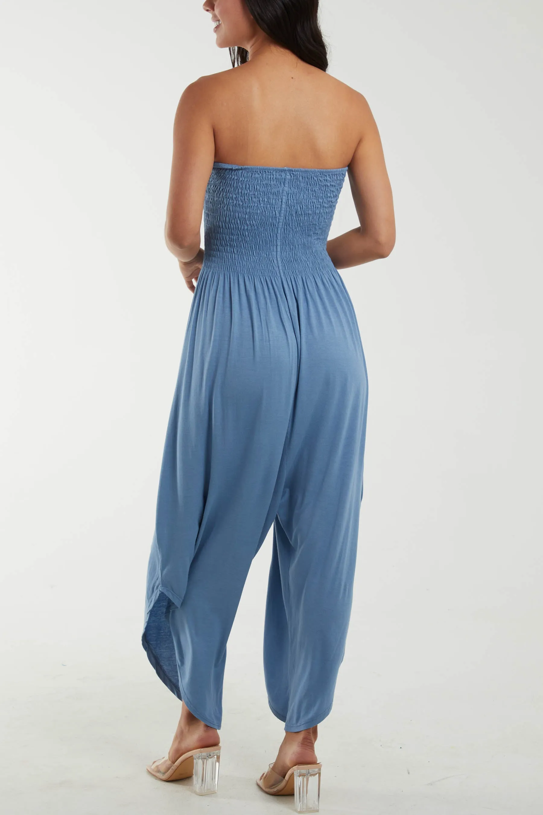 Shirred Top Asymmetric Hem Strapless Jumpsuit
