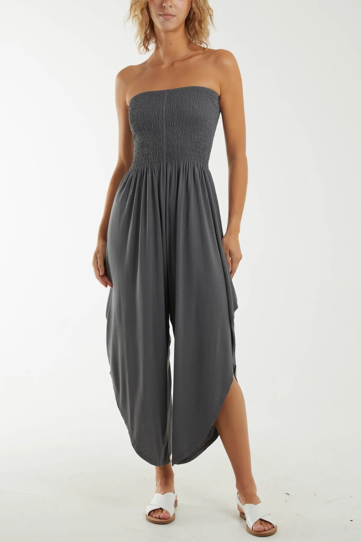 Shirred Top Asymmetric Hem Strapless Jumpsuit
