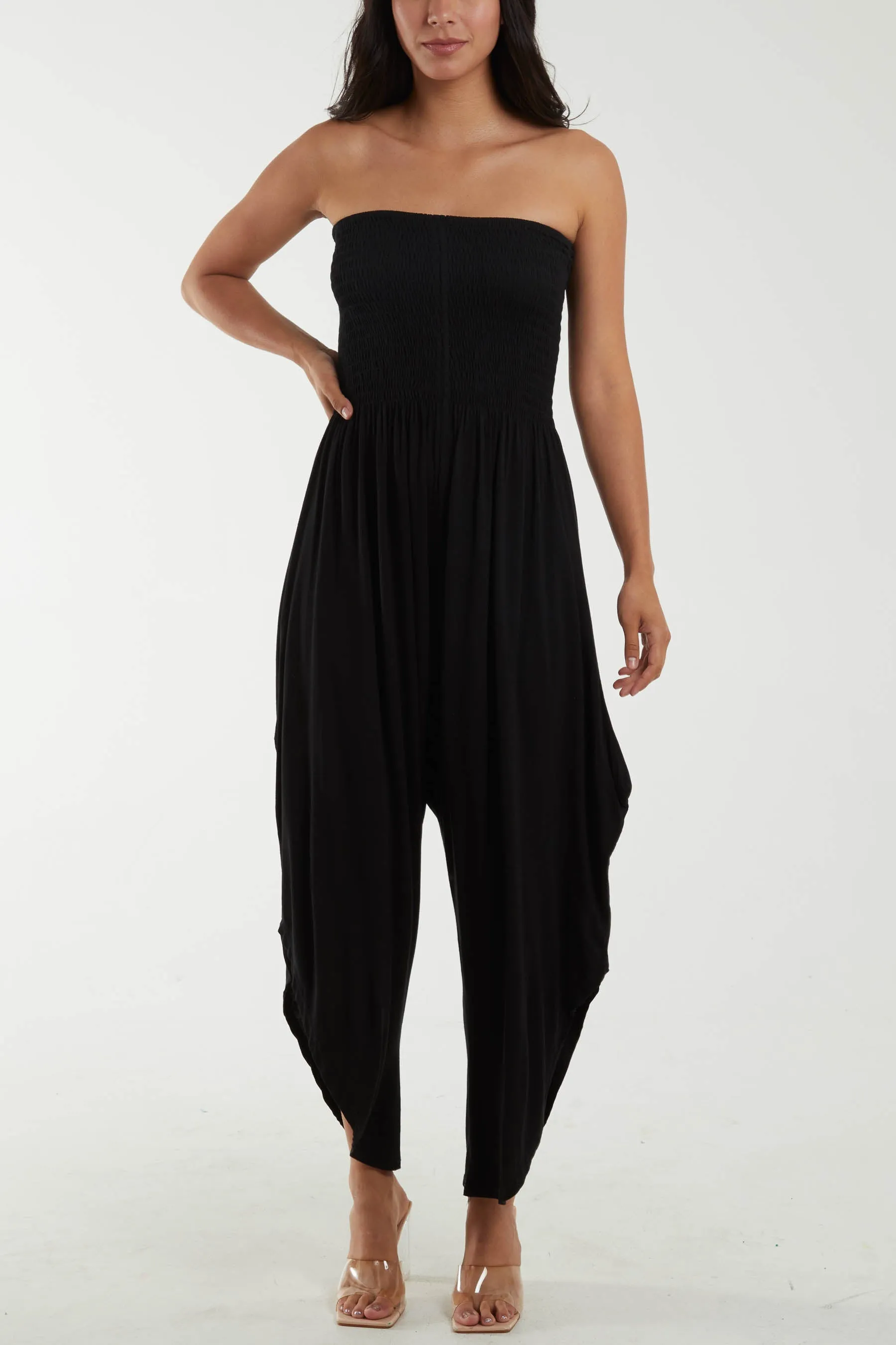 Shirred Top Asymmetric Hem Strapless Jumpsuit
