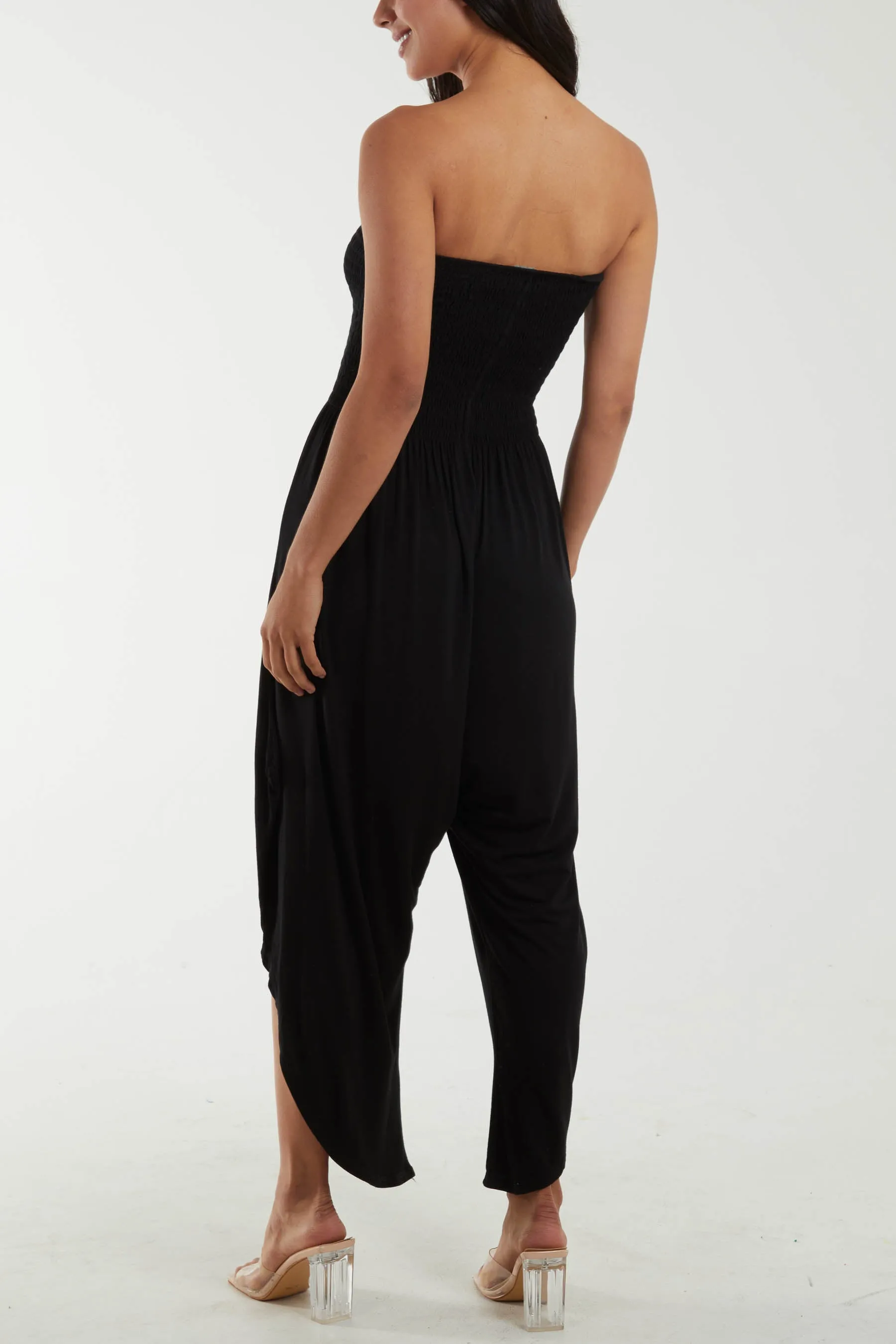 Shirred Top Asymmetric Hem Strapless Jumpsuit