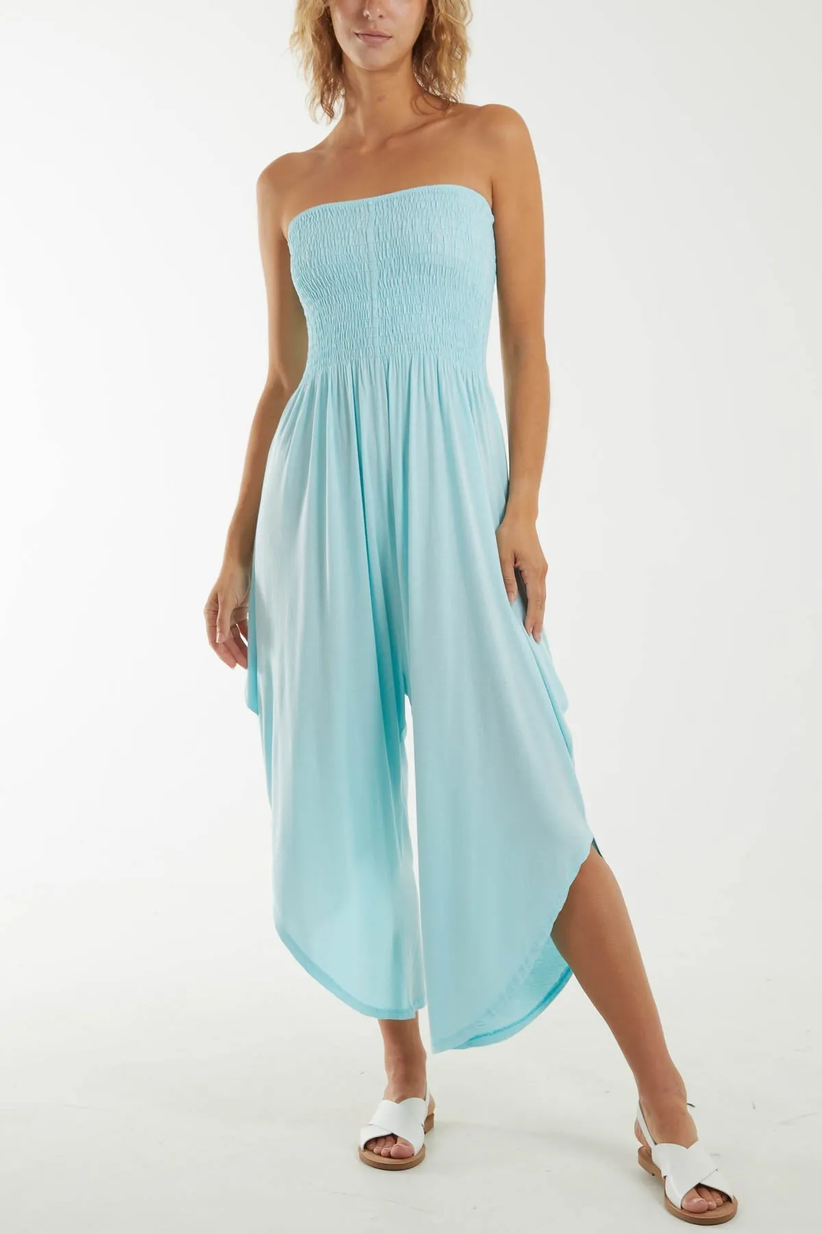 Shirred Top Asymmetric Hem Strapless Jumpsuit