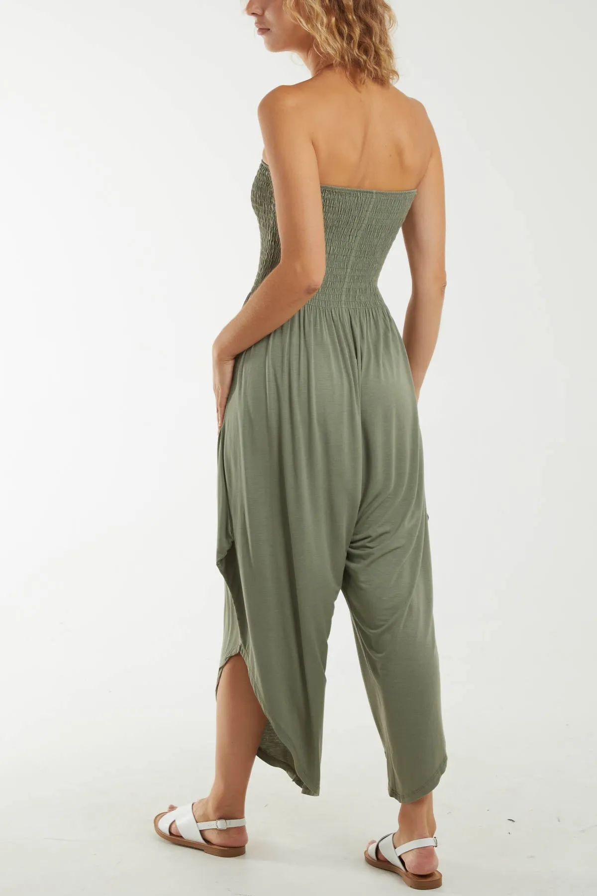Shirred Top Asymmetric Hem Strapless Jumpsuit