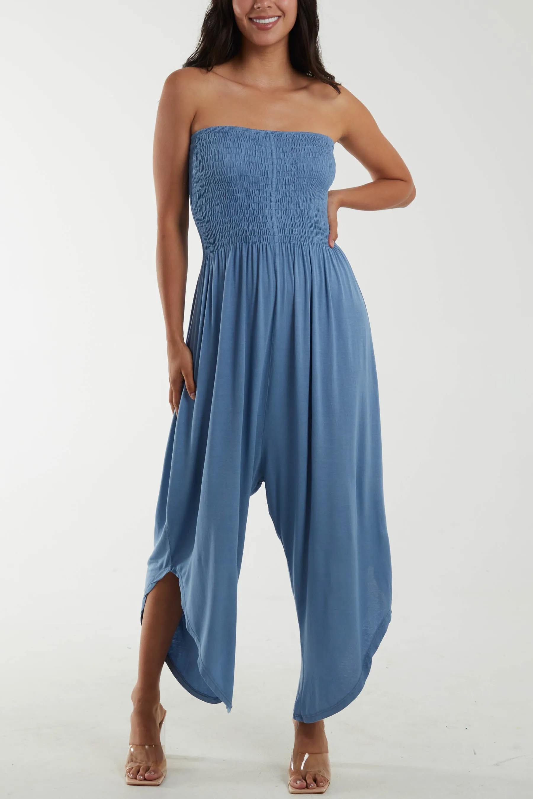 Shirred Top Asymmetric Hem Strapless Jumpsuit