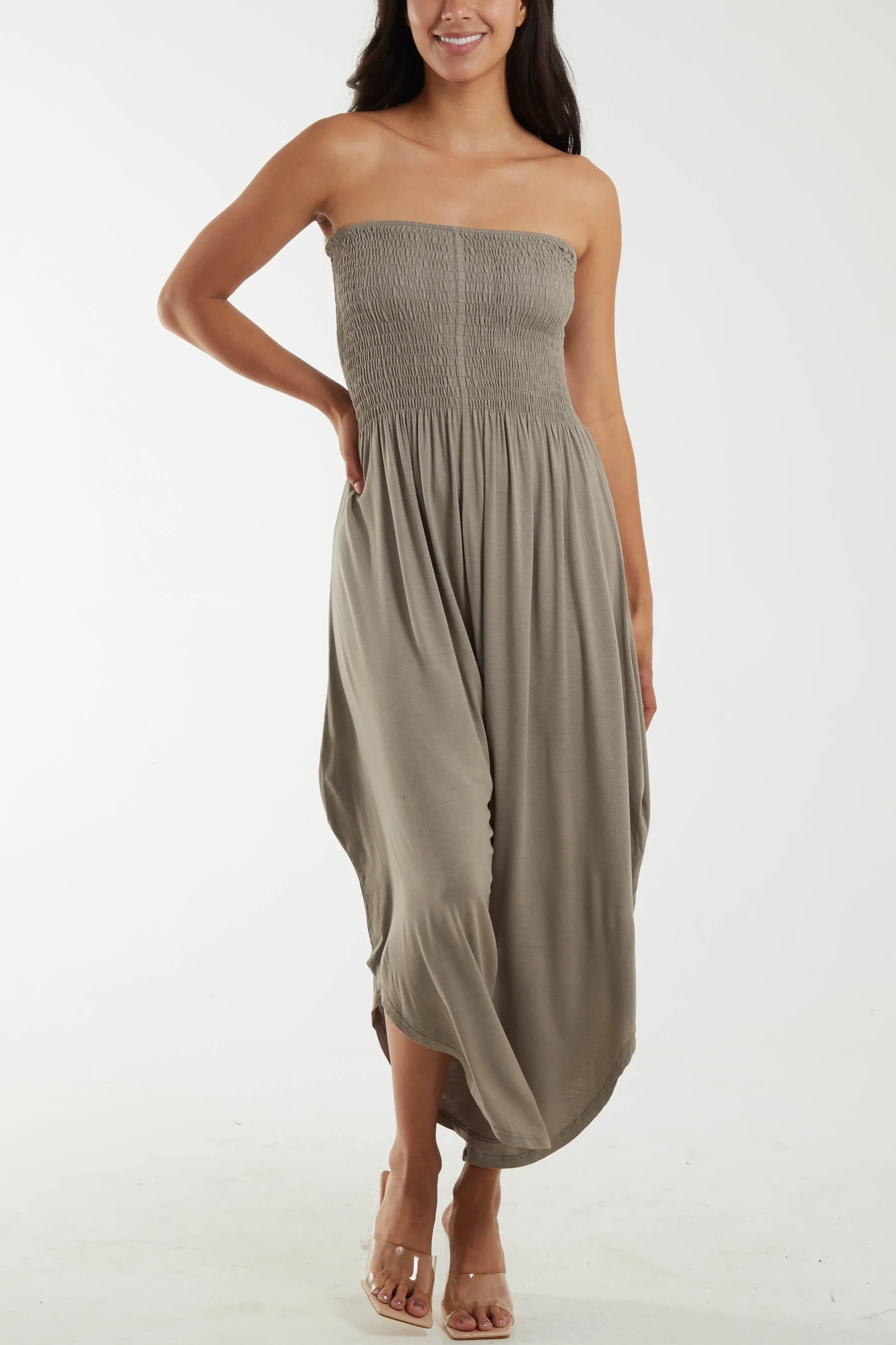 Shirred Top Asymmetric Hem Strapless Jumpsuit