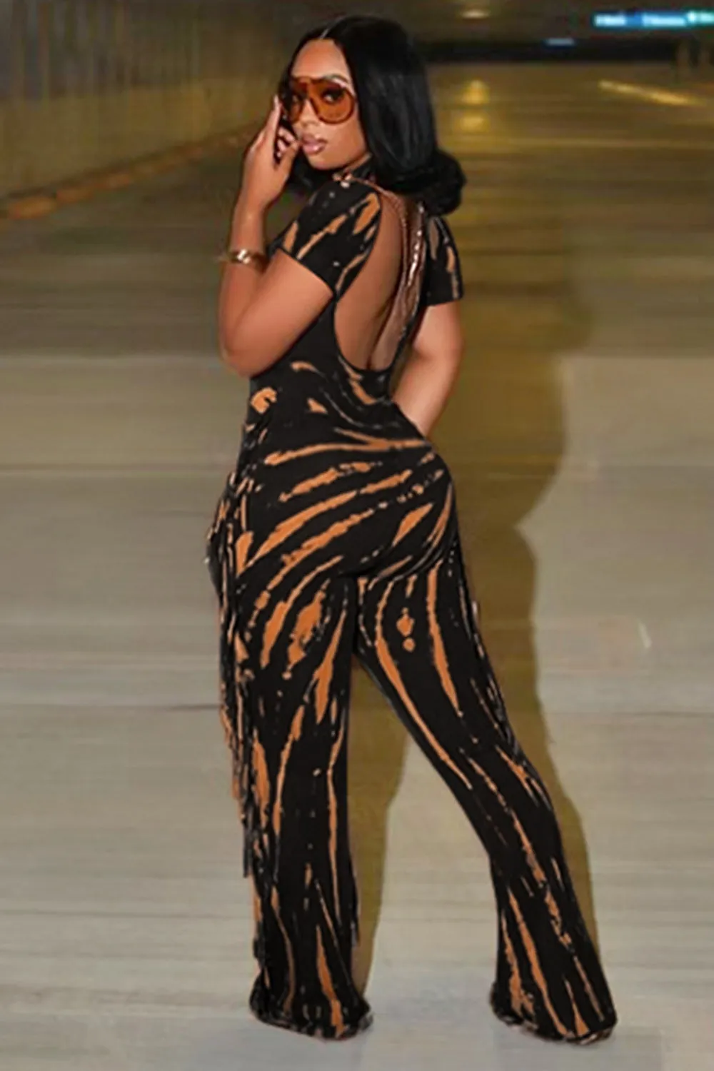 Short Sleeve Deep U Neck Print Fringe EDM Party Jumpsuit-Black [Pre Order]