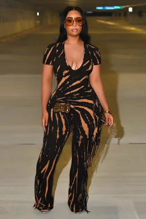 Short Sleeve Deep U Neck Print Fringe EDM Party Jumpsuit-Black [Pre Order]