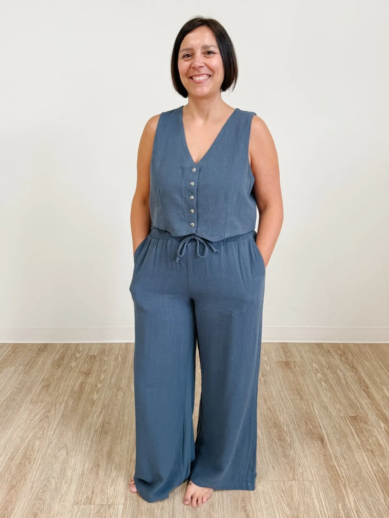 Sleeveless Button Up Linen Vest in Denim Blue