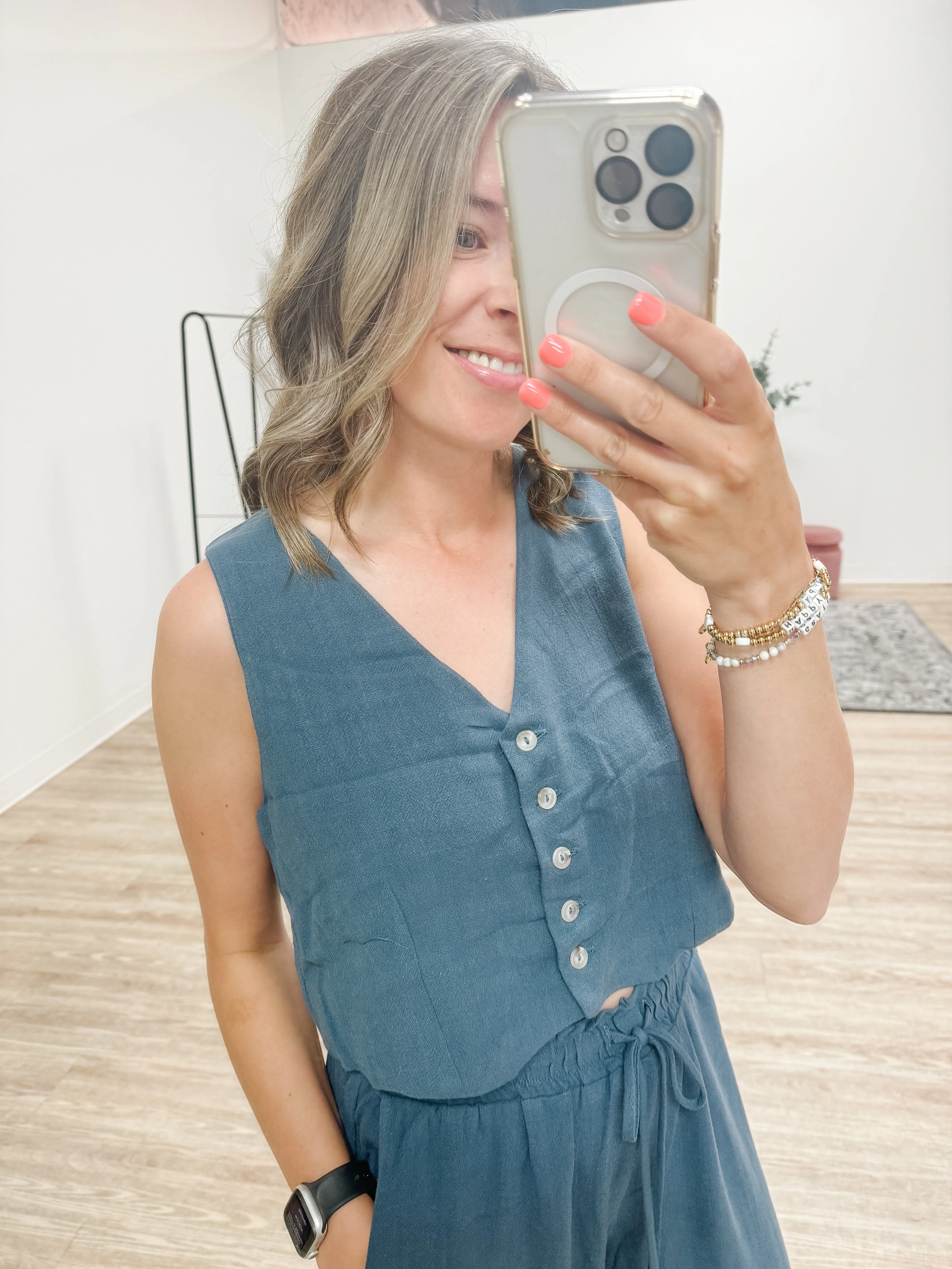 Sleeveless Button Up Linen Vest in Denim Blue