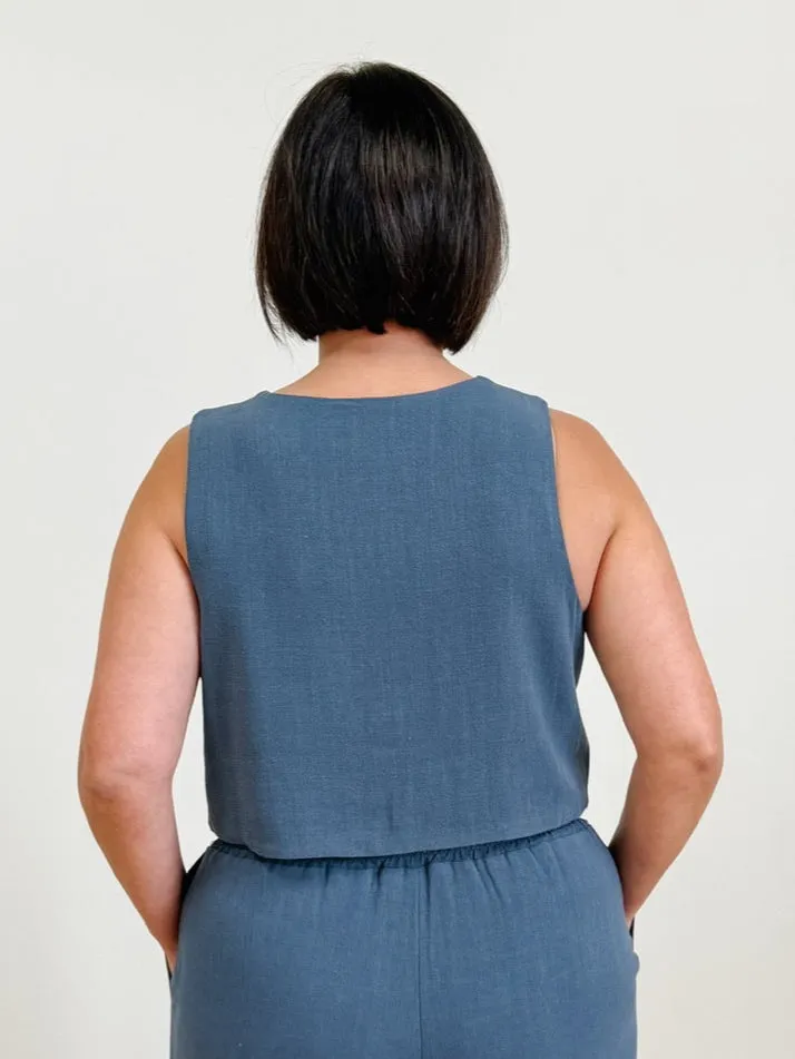 Sleeveless Button Up Linen Vest in Denim Blue