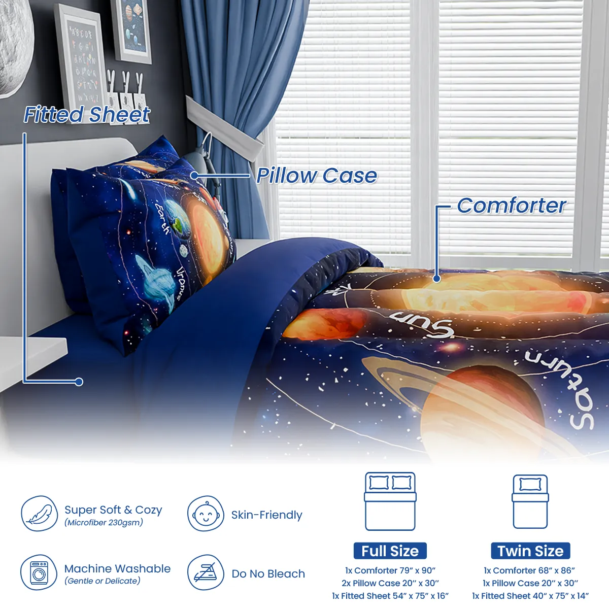 Solar System Comforter Set Twin, Ultra Soft Microfiber Bedding Sets with 3-Pieces, Comforters Bed Sets for Kids Children Boy Bedroom Decor