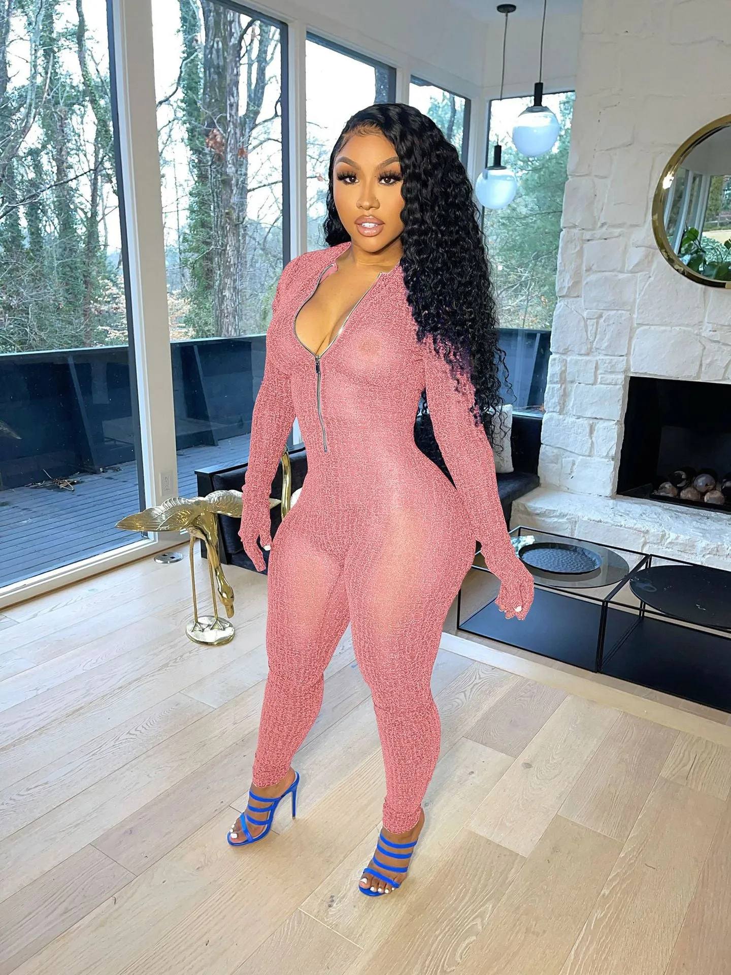 Solid color mesh long sleeve jumpsuit（AY1587）