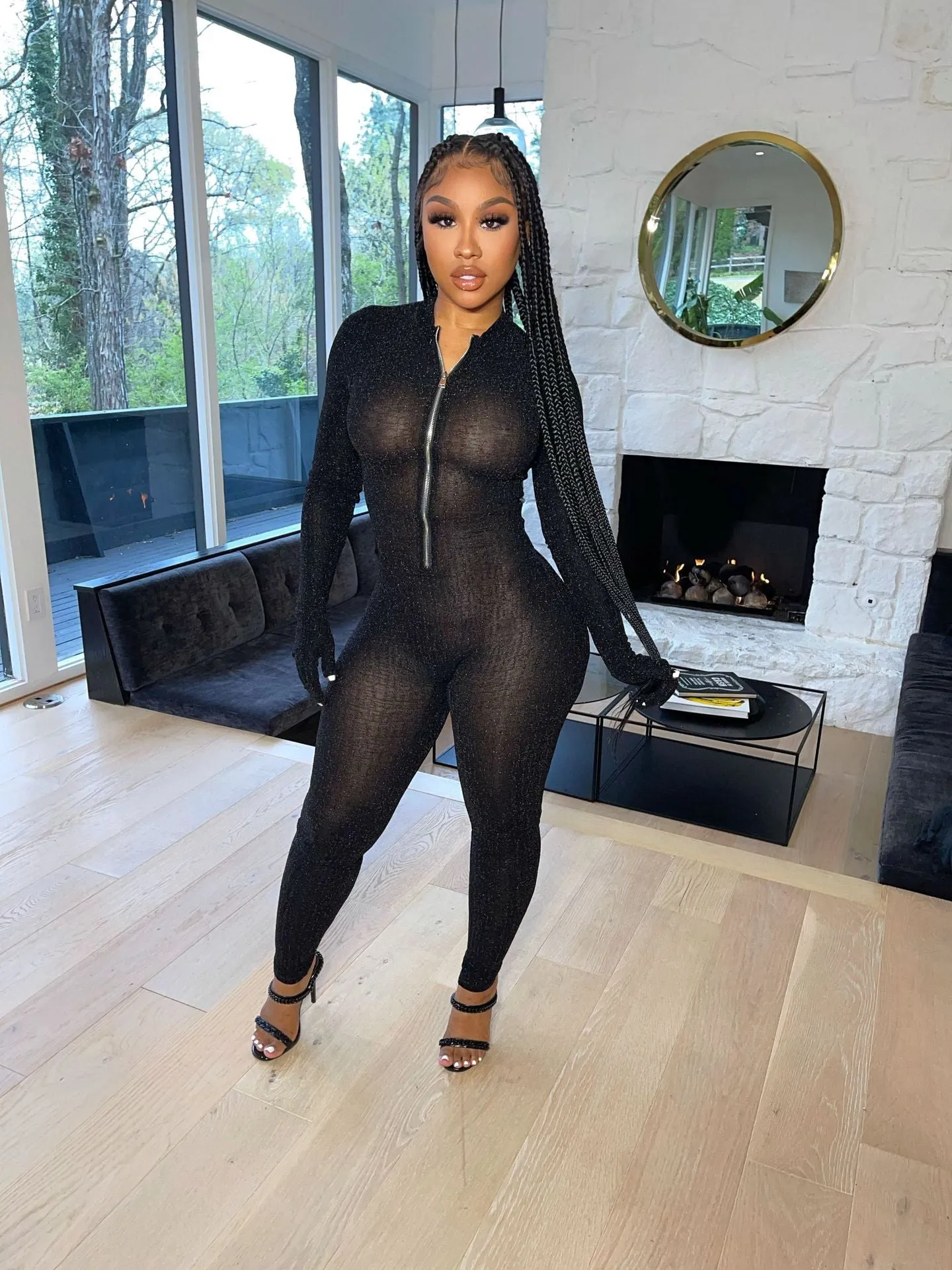 Solid color mesh long sleeve jumpsuit（AY1587）