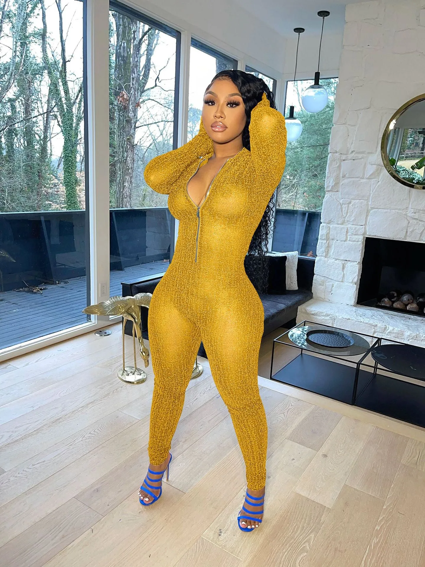 Solid color mesh long sleeve jumpsuit（AY1587）