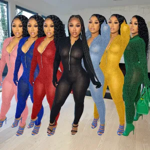 Solid color mesh long sleeve jumpsuit（AY1587）