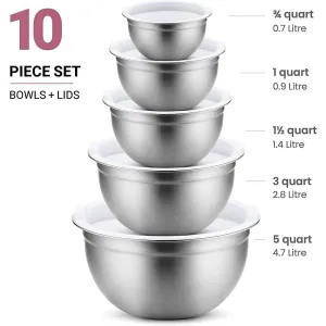 Stainless Steel Nesting Mixing Bowls with Airtight Lids / Set of 5 - 0.75 Quart   1 Quart   1.5 Quart   3 Quart   5 Quart