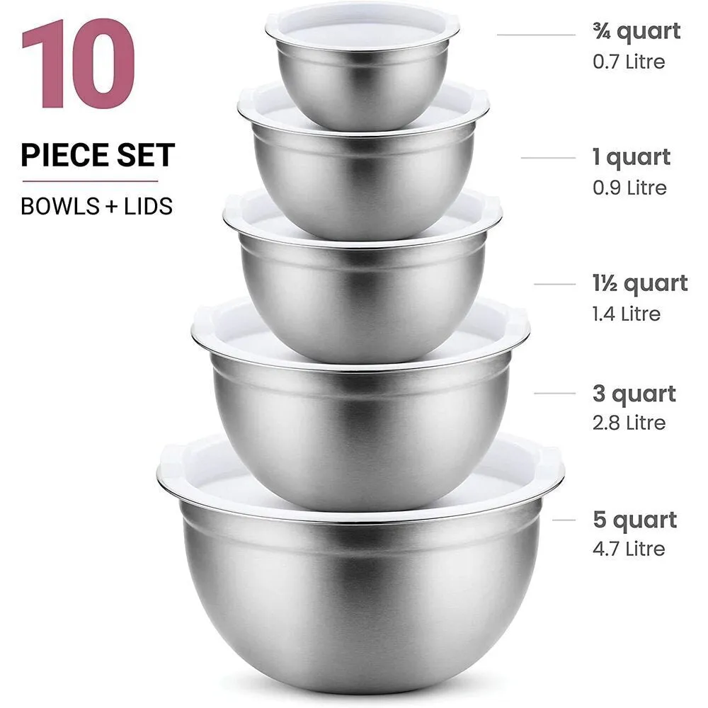 Stainless Steel Nesting Mixing Bowls with Airtight Lids / Set of 5 - 0.75 Quart   1 Quart   1.5 Quart   3 Quart   5 Quart