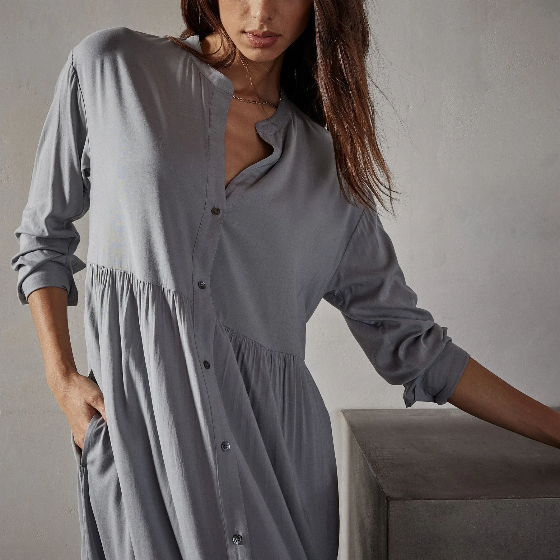 Stretch Viscose Voile Shirt Dress - Ocean Mist
