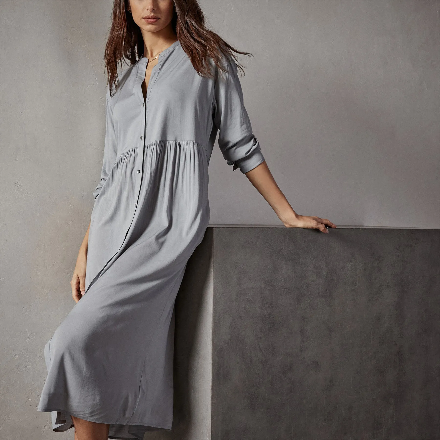 Stretch Viscose Voile Shirt Dress - Ocean Mist
