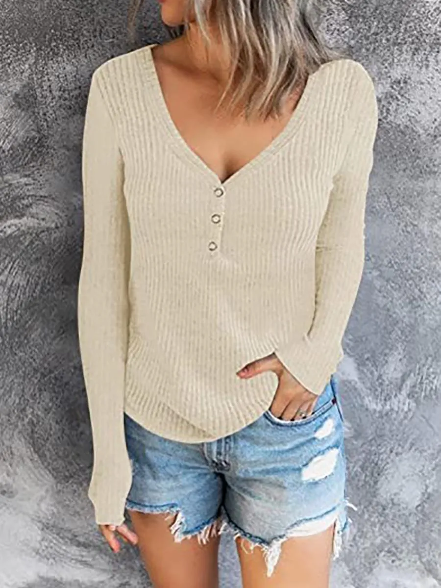 Stunncal Solid Color V-Neck Long-Sleeved T-Shirt