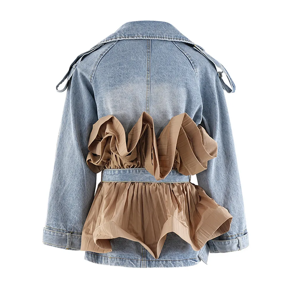 Stylish Ruffle Patchwork Belted Denim Jacket with Turndown Collar