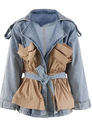 Stylish Ruffle Patchwork Belted Denim Jacket with Turndown Collar