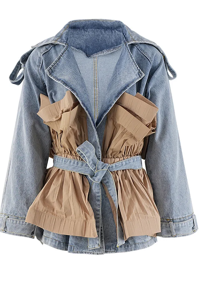 Stylish Ruffle Patchwork Belted Denim Jacket with Turndown Collar