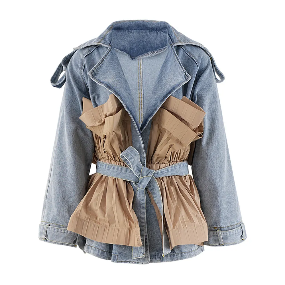 Stylish Ruffle Patchwork Belted Denim Jacket with Turndown Collar