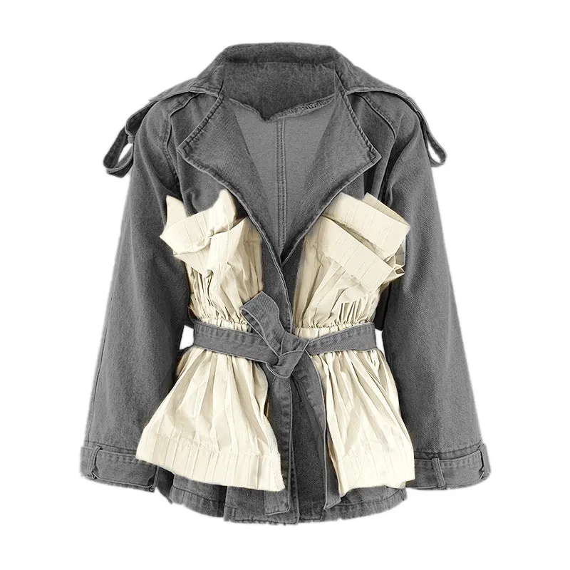 Stylish Ruffle Patchwork Belted Denim Jacket with Turndown Collar