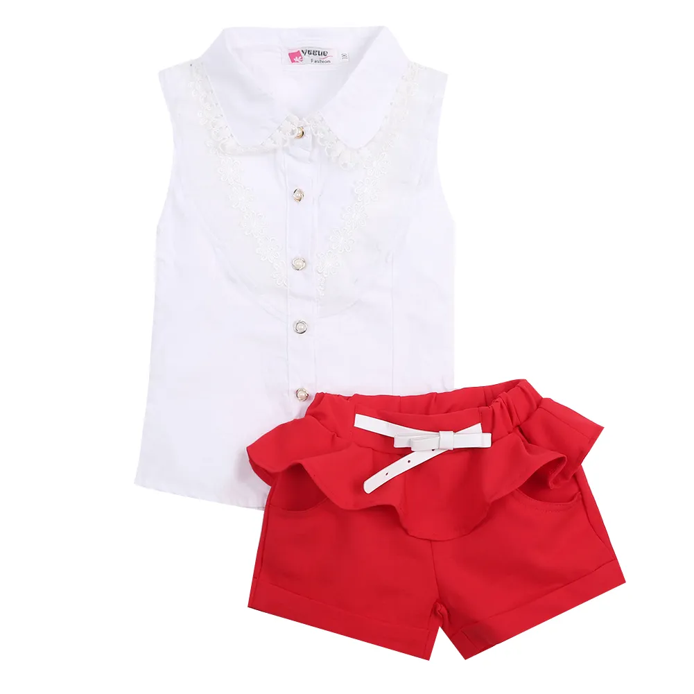 Summer fashion Girl lace white blouses  red shorts clothing set kids clothes sets twinset