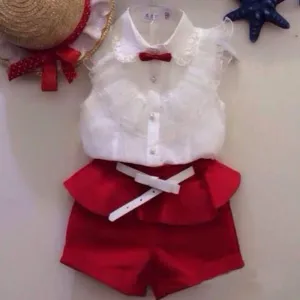 Summer fashion Girl lace white blouses  red shorts clothing set kids clothes sets twinset