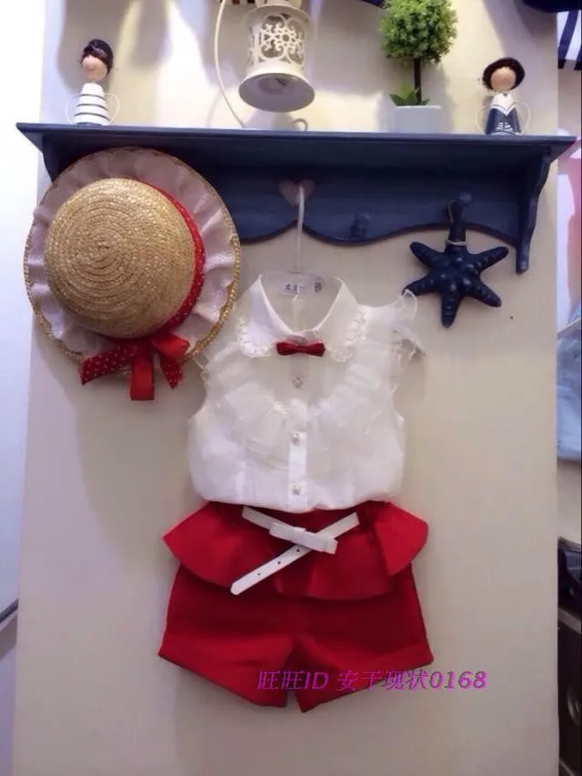 Summer fashion Girl lace white blouses  red shorts clothing set kids clothes sets twinset