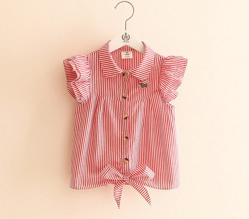 summer stripe butterfly sleeve child girl's blouses shirts children clothing baby child shirt for 100-140 cm kid