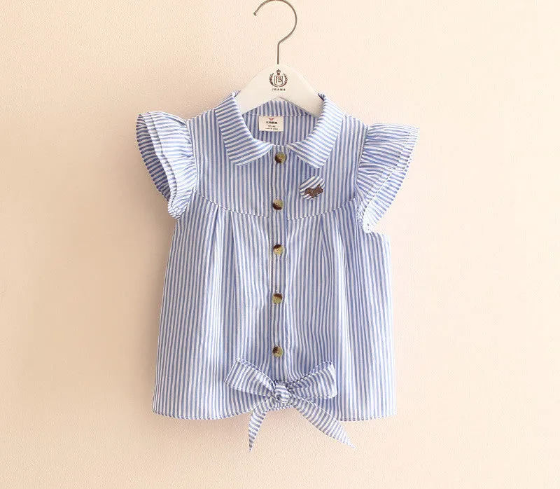 summer stripe butterfly sleeve child girl's blouses shirts children clothing baby child shirt for 100-140 cm kid