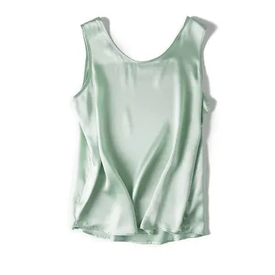 SuyaDream Women Basic Cozy Tanks 100%Real Silk O neck Sleeveless Chic T Shirt 2020 Solid Summer Vests White Pink Beige