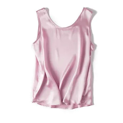 SuyaDream Women Basic Cozy Tanks 100%Real Silk O neck Sleeveless Chic T Shirt 2020 Solid Summer Vests White Pink Beige