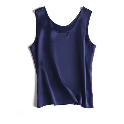 SuyaDream Women Basic Cozy Tanks 100%Real Silk O neck Sleeveless Chic T Shirt 2020 Solid Summer Vests White Pink Beige
