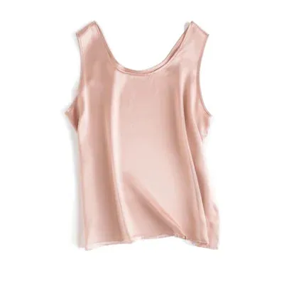 SuyaDream Women Basic Cozy Tanks 100%Real Silk O neck Sleeveless Chic T Shirt 2020 Solid Summer Vests White Pink Beige