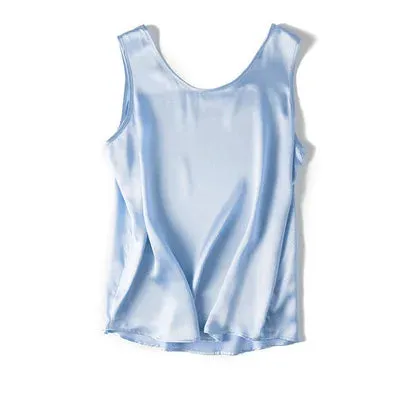 SuyaDream Women Basic Cozy Tanks 100%Real Silk O neck Sleeveless Chic T Shirt 2020 Solid Summer Vests White Pink Beige