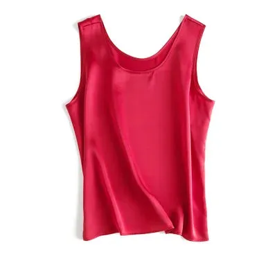 SuyaDream Women Basic Cozy Tanks 100%Real Silk O neck Sleeveless Chic T Shirt 2020 Solid Summer Vests White Pink Beige
