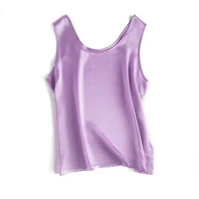 SuyaDream Women Basic Cozy Tanks 100%Real Silk O neck Sleeveless Chic T Shirt 2020 Solid Summer Vests White Pink Beige
