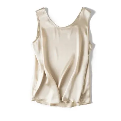SuyaDream Women Basic Cozy Tanks 100%Real Silk O neck Sleeveless Chic T Shirt 2020 Solid Summer Vests White Pink Beige